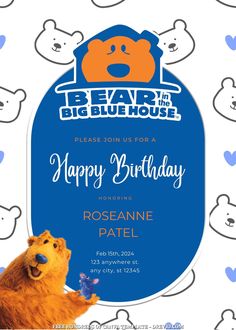 a blue birthday card with a brown bear holding a butterfly in it's mouth