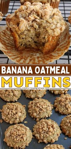 banana oatmeal muffins on a cooling rack and in the background are muffins