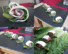 several images of food wrapped in leaves on a table