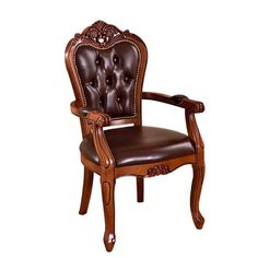 a wooden chair with leather upholstered back and armrests on an isolated white background