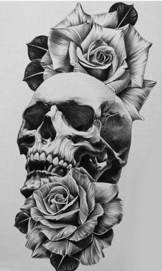 a skull with roses on its head and a rose in the other half of it