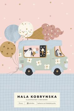 an ice cream truck with balloons and cookies on the roof is featured in this illustration