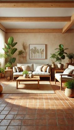 a living room filled with lots of furniture and potted plants on top of them