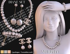 a white mannequin with pearls and necklaces on it's head next to an advertisement for jewelry