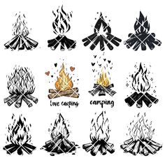 different types of campfires with the words love camping written on them in black and white