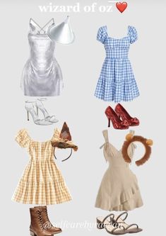 four different types of clothes and shoes on a white background with the words wizard of oz written