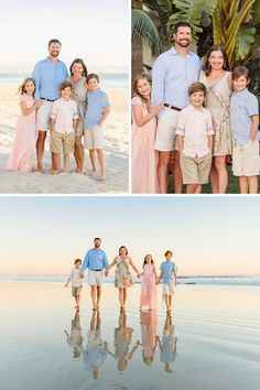 the family is posing for pictures on the beach in front of the water and palm trees