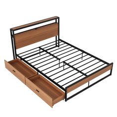 an image of a bed with drawers in the bottom drawer and side rails on it