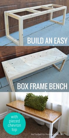 a bench made out of pallets and wood with text overlay that says build an easy box frame bench