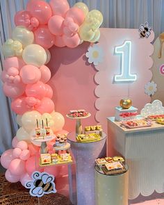 a birthday party with balloons and desserts