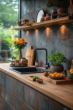 a kitchen with wooden counter tops and shelves filled with pots, pans and vegetables