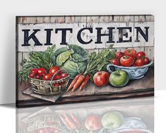 a kitchen sign with vegetables and fruits painted on it