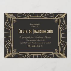 a black and gold graduation party card with an art deco design on the front,