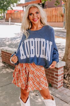 gameday, game day, game day outfits, dress, football, sec, college football, shirt, tank top, sequin, red, blue, green, gold, orange, purple, cowboy boots Auburn University Game Day Outfits, Auburn Gameday Outfit, Auburn Clothes, Auburn Ideas, Auburn Sweatshirt, Gameday Outfits, Orange Outfit, Crew Cut, Impressions Online Boutique