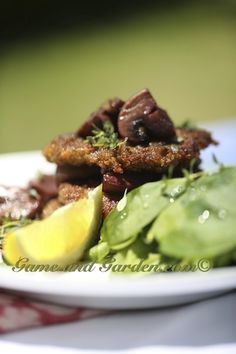 a close up of a plate of food with lettuce and lemon wedges