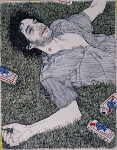 a drawing of a man laying in the grass with beer cans on his feet and head