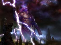 an image of a man holding a lightning bolt in his hand with the sky and stars behind him