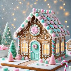 a gingerbread house is decorated with icing and candy