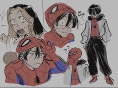 an image of spider man and woman in different poses with their faces drawn by hand