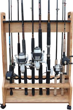 a wooden rack with many different types of fishing rods