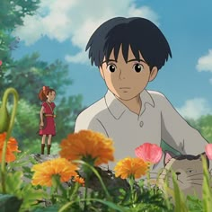 an anime scene with two people in the background and some flowers on the ground,