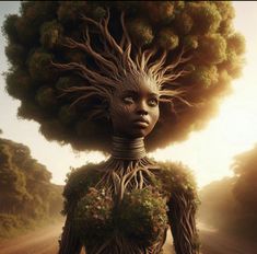 a woman with trees on her head is standing in the middle of a dirt road