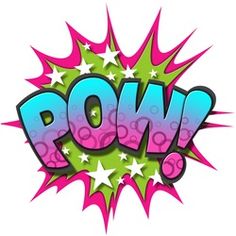 the word pow is written in blue and pink with stars around it on a white background