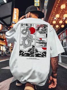 Blanco Casual Collar manga corta Tela tejida Animal,Letras  Embellished Elástico Ligero Dragon Print, Mens Fitness, Loose Fitting, Collar, T Shirt, Tela