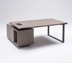 an office desk with a tablet on it's top and metal frame around the edge