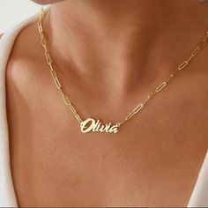 Nameplate Paperclip Chain Necklace - Humble Legends Name Plate Necklace, Paperclip Chain Necklace, Necklace Name, Design Name, Gold Name Necklace, Nameplate Necklace, Plate Necklace, Necklace Craft, Missing Link