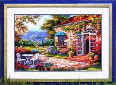 a painting of a garden with flowers and a table in front of a house on the grass