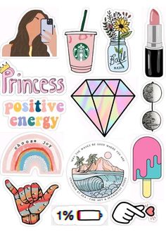 various stickers and decals on a white background with the words princess positive energy