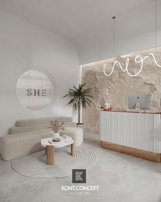 a living room filled with furniture next to a stone wall and a white counter top