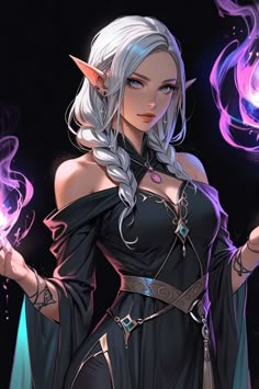 an image of a woman with white hair and grey hair holding two wands in her hands