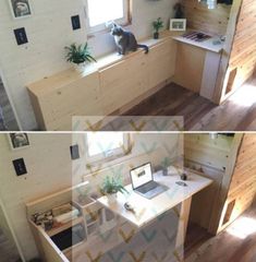 two pictures of a small home office area