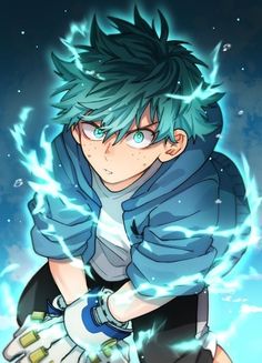 an anime character with green hair and blue eyes, holding his hands on his chest