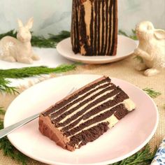 a slice of chocolate cake on a plate with a knife and fork next to it