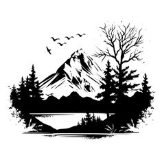 a black and white drawing of trees with mountains in the background