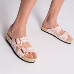 Perfect For Summer, Floral Two Strap Slip On With Buckles. Collaboration Collection. New With Box! Spring Sandals With Cork-bed Midsoles And Flat Heel, White Platform Footbed Sandals, White Platform Footbed Sandals For Beach, White Platform Footbed Sandals For Spring, White Platform Footbed Sandals For Vacation, White Flat Footbed Sandals With Removable Insole, Spring Closed Toe Footbed Sandals With Cork-bed Midsoles, White Summer Footbed Sandals With Textured Footbed, Spring Closed Toe Sandals With Textured Footbed