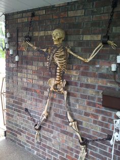 a skeleton hanging on the side of a brick wall