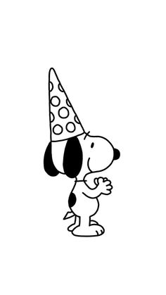 a black and white drawing of a dog wearing a party hat