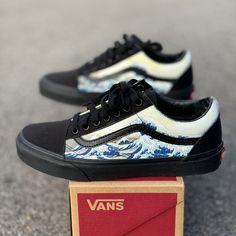 "Sail away with our rendering of the traditional Japanese woodblock printed classic art piece, \"The Great Wave of Kanagawa\"! Who wouldn't want to ride a pair of custom printed Great Wave off Kanagawa on black Vans Old Skools? These shoes are perfect for classic Japanese art fans and passionate ocean lovers alike. We buy each pair of shoes BRAND NEW from the Vans retail store. The ink is permanent and will never come off, fade away, or peel off. Made in the USA. This price includes everything: shoes, artwork, and shipping. Thanks for stopping by our Etsy shop! Please message us with any questions! Sizes listed are in US sizing scale. If you have any issues with your order, please feel free to reach out to us and we will be more than glad to help you! Note: Blvd Custom is in no way affilia Black Retro Custom Sneakers With Gum Sole, Classic Black Custom Sneakers For Skateboarding, Artistic Black Sneakers With Custom Artwork, Black Custom Synthetic Sneakers For Skateboarding, Vans All Black Custom, Vans Old Skool Custom, Black Old Skool Vans, Custom Vans Slip On, The Great Wave Of Kanagawa