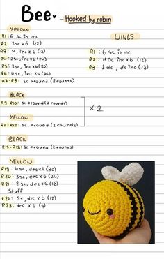 a crocheted bee is shown in the form of a handwritten notepad