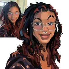 a digital painting of a woman with glasses and dreadlocks smiling at the camera