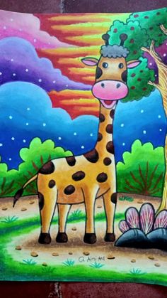 a painting of a giraffe standing next to a tree