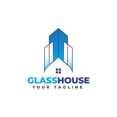 the glasshouse logo is blue and has an arrow pointing up to it's center