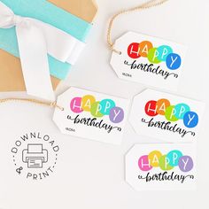 three tags with happy birthday written on them