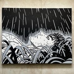 a black and white painting on a wall with rain coming from the sky above it