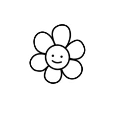 a black and white drawing of a flower with a smile on it's face