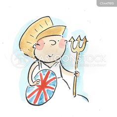 a drawing of a man holding a spear and ball with the british flag on it